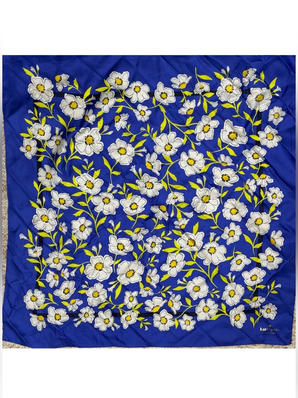 Kate Spade Blue White Sunshine Floral Silk Scarf NWT Daisies Flowers Bright